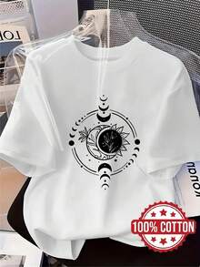 | Exquisite Design | Loose And Comfortable | Easy To Match | TH464 New Women's T-Shirt, With Star And Moon Print, A Casual And Fashionable Printed T-Shirt, 100% Cotton, Round Neck, Short Sleeve, Sweat-Absorbing And Breathable, Casual Loungewear, Comfortable, Stylish And Unique, Suitable For Spring, Summer And Autumn, Versatile Short-Sleeved Sports T-Shirt, Breathable And Sweat-Absorbing, Also Suitable For Layering In Autumn And Winter. - 白色 - 查看 7