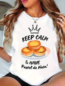 Women's Printed T-Shirt - Casual Short Sleeve Crew Neck T-Shirt In White With The Text KEEP CALM & HAVE Pastel De Nata! - Relaxed Fit For All Seasons, Perfect For Everyday Wear And Holiday Outfits (Machine Washable). - 白色 - 查看 1