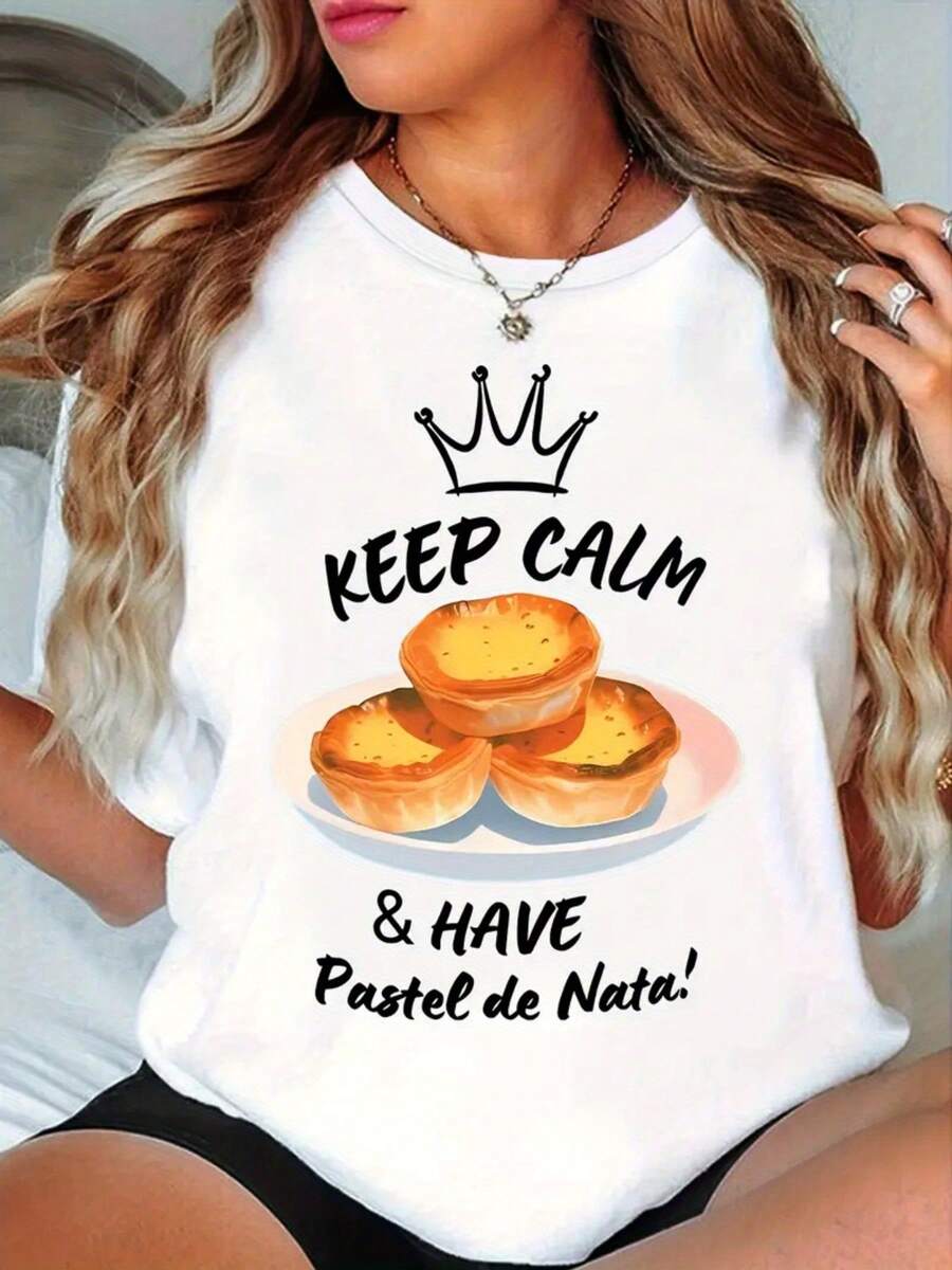 Women's Printed T-Shirt - Casual Short Sleeve Crew Neck T-Shirt In White With The Text KEEP CALM & HAVE Pastel De Nata! - Relaxed Fit For All Seasons, Perfect For Everyday Wear And Holiday Outfits (Machine Washable). - 白色 - 查看 1