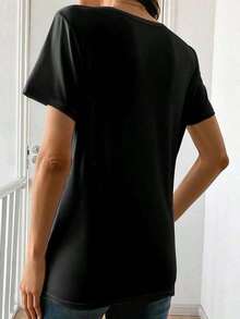 NewSummerCasual Blouses For Women: Women's Short Sleeve T-Shirt With Floral And Heart Print - Casual Crew Neck Blouse, Soft And Breathable, Ideal For Daily Wear, Loungewear And Spring-Summer Outfits - Machine Washable And Comfortable - Suitable For Spring, Summer And Autumn - Vintage Street Style Unisex Loose Cotton Short Sleeve Crew Neck T-Shirt - 黑色 - 查看 3
