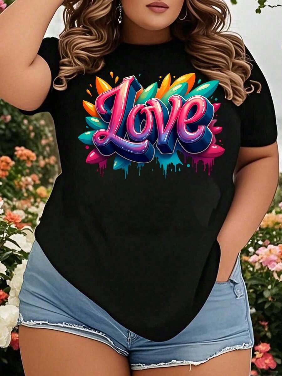 Women's T-Shirt, Women's Love Graffiti Print T-Shirt, Casual Summer Top With Colorful Design, Urban Fashion Graphic T-Shirt For Birthday Or Valentine's Day Gift - 黑色 - 查看 1