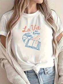Camiseta estampada de alta gama para mujer, estilo literario, estilo parisino, moda divertida, estilo universitario, estética del libro, predestinada a leer citas francesas. - Blanco - Ver 1
