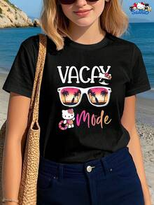 A Stylish And Chic Women's Summer Set Including A Bikini, Sunglasses, And A Beach Backdrop, Complemented By A Short-Sleeved, Crew-Neck T-Shirt Decorated With Cartoon Character Letter Designs. Perfect As A Birthday Gift For Both Men And Women. | Exquisite Design | Loose And Comfortable | Easy To Match | - 黑色 - 查看 7