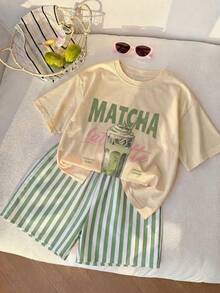 2pcs/Set Girls Cute Printed Top And Striped Shorts Set, Summer Outfit For Toddlers - Green - View 1