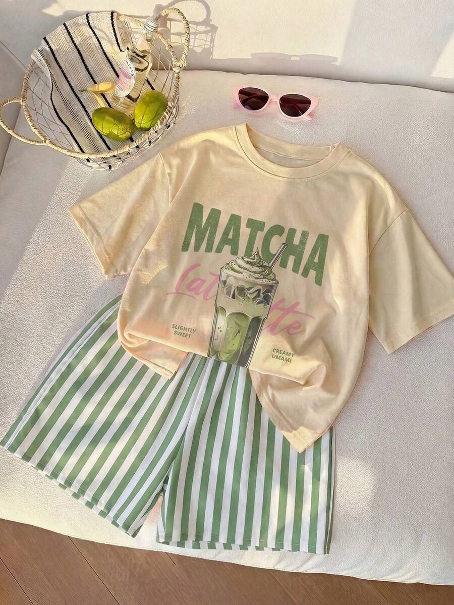 2pcs/Set Girls Cute Printed Top And Striped Shorts Set, Summer Outfit For Toddlers - Green - View 1