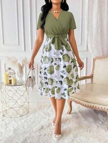 Vestido de mujer con cuello en V y cinturón, manga corta, vestido largo de verano para mujer - Verde Oliva - Ver 8