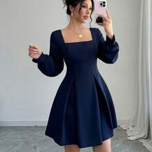 Vestido midi con cinturón, cuello cuadrado y unicolor elegante para mujer, otoño - Marrón - Ver 2