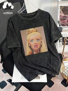 de mujer talla grande con muñeca sorprendida, cuello redondo, manga corta, casual, para primavera/verano/otoño, tops de vacaciones de verano - Negro - Ver 4