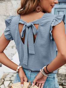 Blusa de verano para mujer con espalda cruzada, volantes y color sólido - Niebla azul - Ver 5