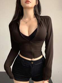 Camiseta de manga larga de cuello alto y ajuste ceñido para mujer, ropa de otoño - Café integral - Ver 1
