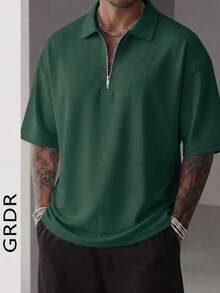 GRDR 男士夏季半拉鍊 Polo 短袖 T 恤，純色經典款，適合戶外休閒穿著 - 墨綠色 - 查看 6