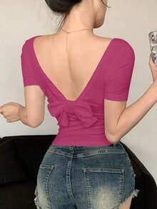 Camiseta ajustada de mujer de manga corta y escote redondo sin espalda de unicolor, top halter de verano - Rosa Fucsia - Ver 1