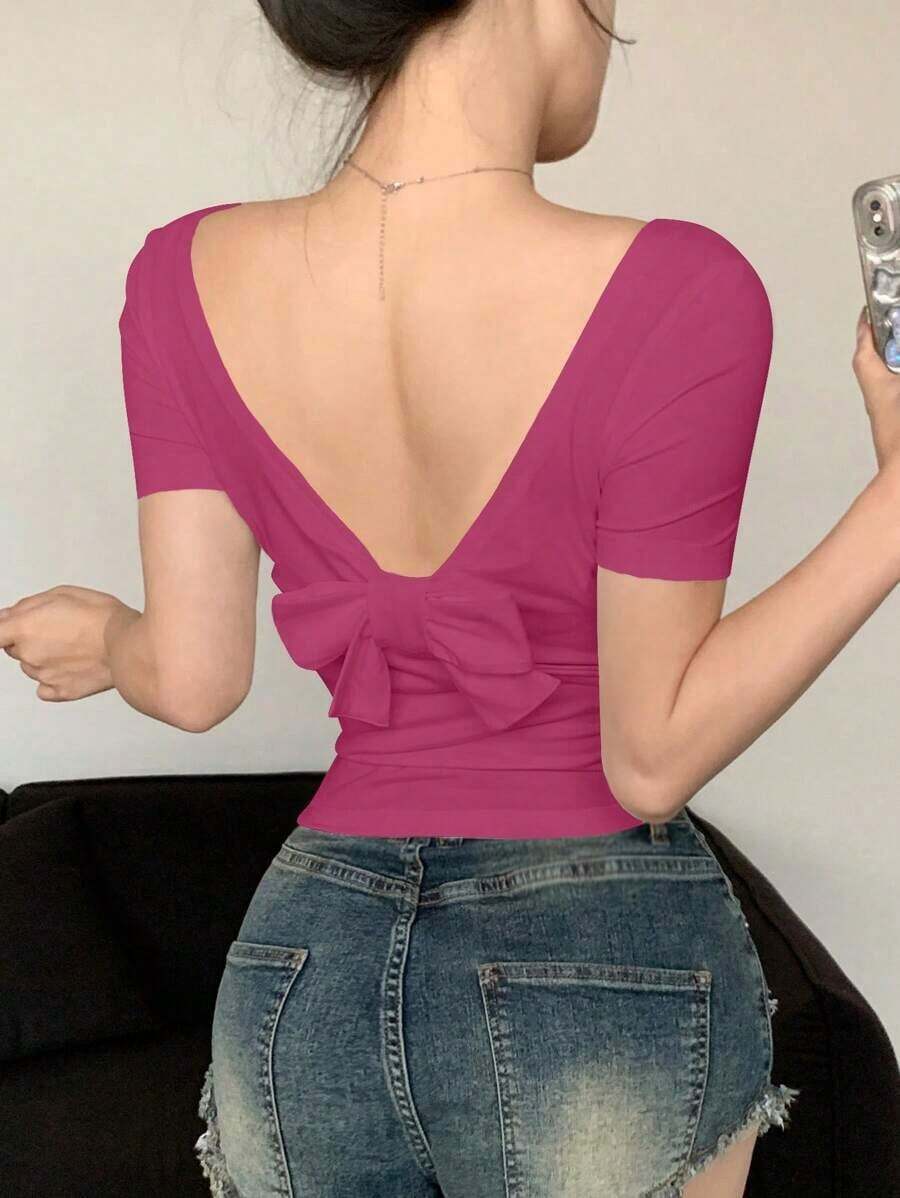 Camiseta ajustada de mujer de manga corta y escote redondo sin espalda de unicolor, top halter de verano - Rosa Fucsia - Ver 1