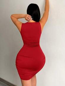 Vestido corto fruncido de un solo color para ropa de Año Nuevo - Rojo - Ver 2