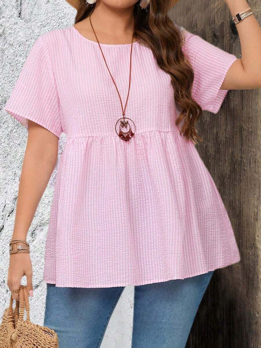 de manga corta con cuello redondo y estampado de rayas, apropiadas para el verano, tallas grandes - Rosa Pálido - Ver 1
