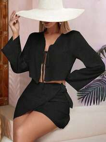 Conjunto de 2 piezas para mujer de falda y chal tipo cubrecuerpos con diseño cruzado para verano y playa - Negro - Ver 1