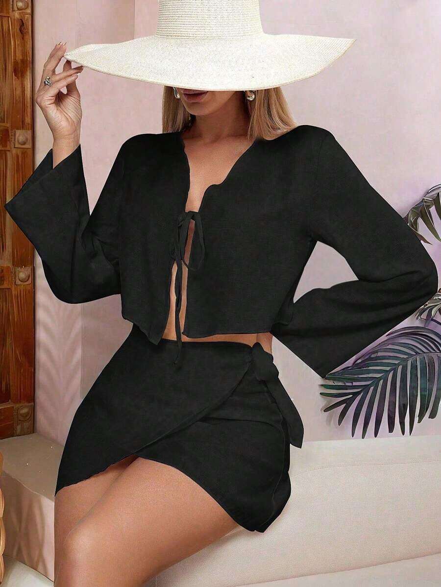 Conjunto de 2 piezas para mujer de falda y chal tipo cubrecuerpos con diseño cruzado para verano y playa - Negro - Ver 1