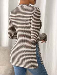 Frenchy Camiseta de manga larga a rayas de estilo informal para mujer con bajo con abertura, para primavera y otoño - Caqui - Ver 2