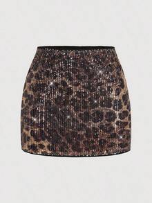 Minifalda elegante y sexy con estampado de leopardo y lentejuelas para fiesta - Multicolor - Ver 1