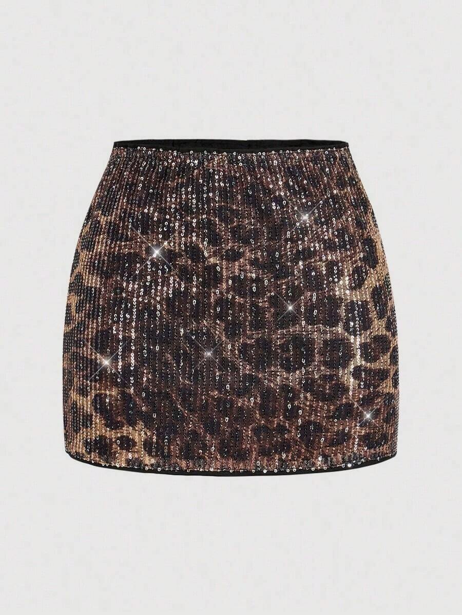 Minifalda elegante y sexy con estampado de leopardo y lentejuelas para fiesta - Multicolor - Ver 1