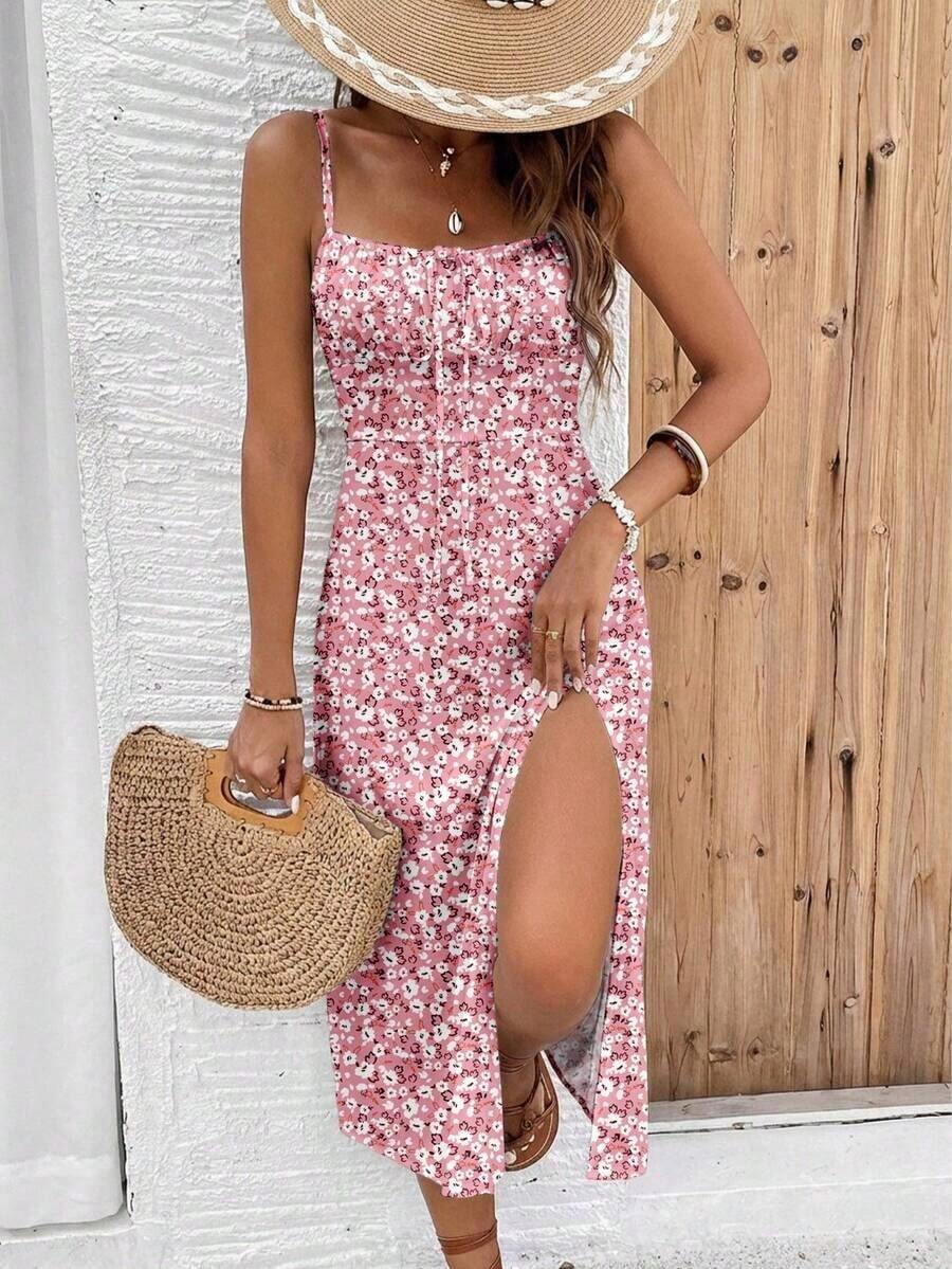 Vestido casual de media longitud con abertura alta y estampado floral ditsy para vacaciones de mujer, ropa de verano para mujer, conjunto de vacaciones para mujer - Multicolor 2 - Ver 1