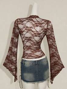 ICON Cárdigan transparente con mangas acampanadas y bajo asimétrico con estampado vintage para mujeres - Marrón - Ver 2