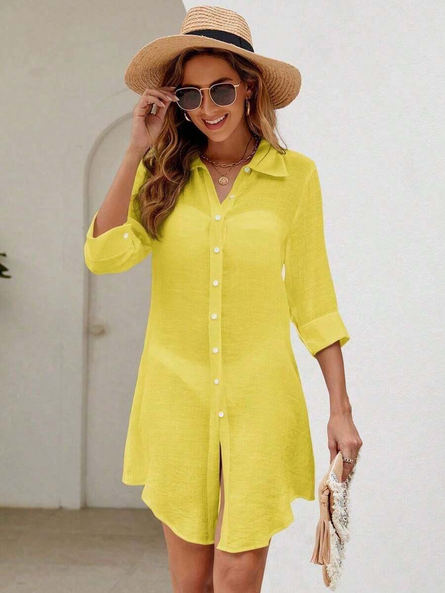Swim Vcay Kimono de cobertura de unicolor con botones frontales para mujer, ideal para playa, vacaciones y uso casual en verano - Amarillo - Ver 1