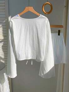 Conjunto de blusa con amarre al frente y shorts con estampado de anacardo para mujer, en estilo bohemio - Blanco 2 - Ver 2