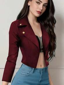 Chaqueta corta de mujer de unicolor con cuello de solapa y botones de manga larga - Burdeos - Ver 1