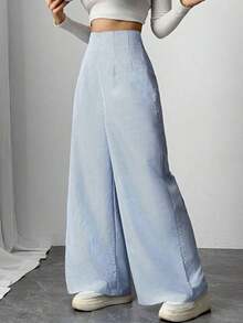 Pantalones anchos de cintura alta y pierna ancha para mujer, color azul, adecuados para la playa, el aeropuerto, de estilo modesto - Azul y blanco - Ver 5