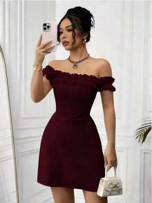 Vestido midi romántico para mujer con hombros descubiertos y corte en la cintura - Burdeos - Ver 1