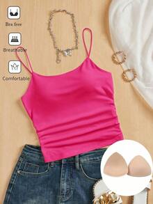 Camiseta ajustada con cuello redondo, almohadilla en el pecho y transpirable.Camisola básica para mujer sin sujetador - Rosa Fucsia - Ver 1