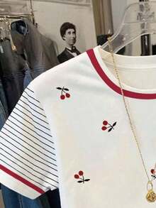 Camiseta casual para mujer, gris, nuevo diseño de verano, cuello redondo, estampado de cerezas dulces, diseño gráfico, estilo estudiantil, ajuste versátil minimalista, adecuado para uso diario, al aire libre, viajes, cómodo, esencial para mujeres - Multicolor 8 - Ver 4