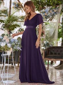 Vestido de dama de honor con cuello en V elegante, mangas con volantes y mariposa, color verde salvia, vestido de invitada de boda, vestido de primavera semi-formal para boda, fiesta de cumpleaños, graduación, Día de San Valentín - Morado - Ver 5