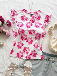 2 piezas Conjunto con Camiseta de Punto Blanco Acanalado con Volantes WYWH y Camiseta Sólida de Color Cereza, Estilo Bohemio, Boho, Floral Romántico, Vacaciones, Estilo Floral para Fiesta, Cita, Día de San Valentín, Pascua, Carnaval, Té de la Tarde - Rosa 2 - Ver 4