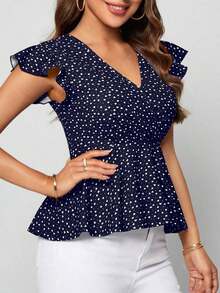 Clasi Camiseta con estampado de corazón y mangas de mariposa con volante - Azul marino - Ver 7