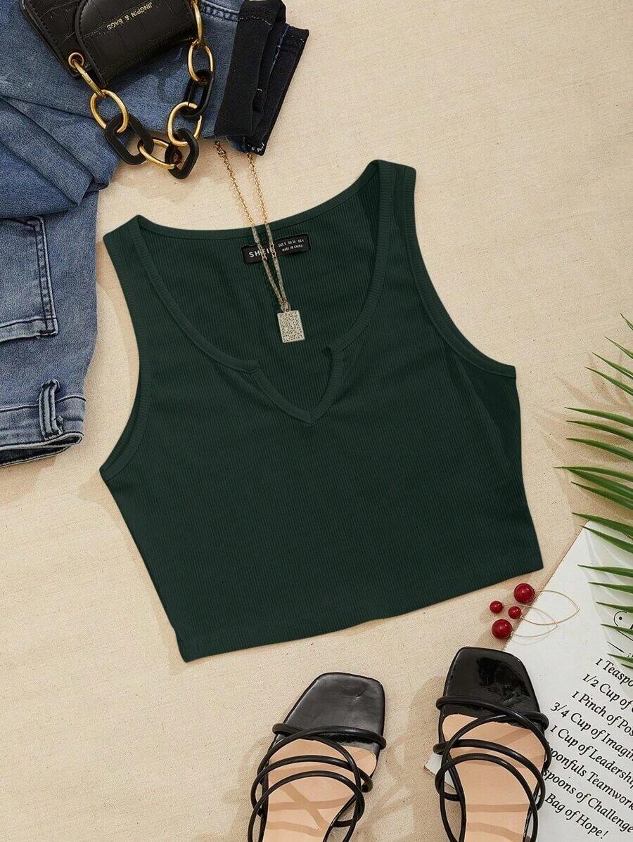 Top corto de punto acanalado de unicolor minimalista para uso casual y de oficina para mujer - Verde Oscuro - Ver 1