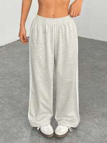 Pantalones casuales con rayas laterales negras, de estilo simple y de moda para uso diario, graduación, maestros y vuelta al colegio para mujeres - Gris Claro - Ver 4