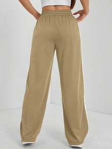 Pantalones casuales con rayas laterales negras, de estilo simple y de moda para uso diario, graduación, maestros y vuelta al colegio para mujeres - Caqui - Ver 3