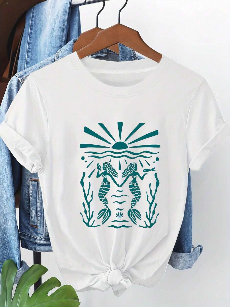 Camiseta de manga corta para mujer con estampado de sirena, sol, olas, algas marinas y estilo vintage oceánico, ideal para salidas informales, regalos de vacaciones, reuniones con amigos y ropa de vacaciones. - Blanco - Ver 1