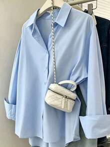 Camisa casual elegante con botones para mujer, blusa de oficina/trabajo con cuello en V, manga larga, con bolsillos, para primavera - Azul - Ver 1
