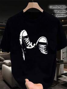 New 2026 Women's T-Shirts, Couple T-Shirts. Unique Y2K Style T-Shirt With An Innovative Design Of Classic Sneakers In White On A Black Background. Perfect For Urban Fashion Lovers And Ideal For Any Occasion. Dare To Stand Out With This Unmissable Design. - 黑色 - 查看 1