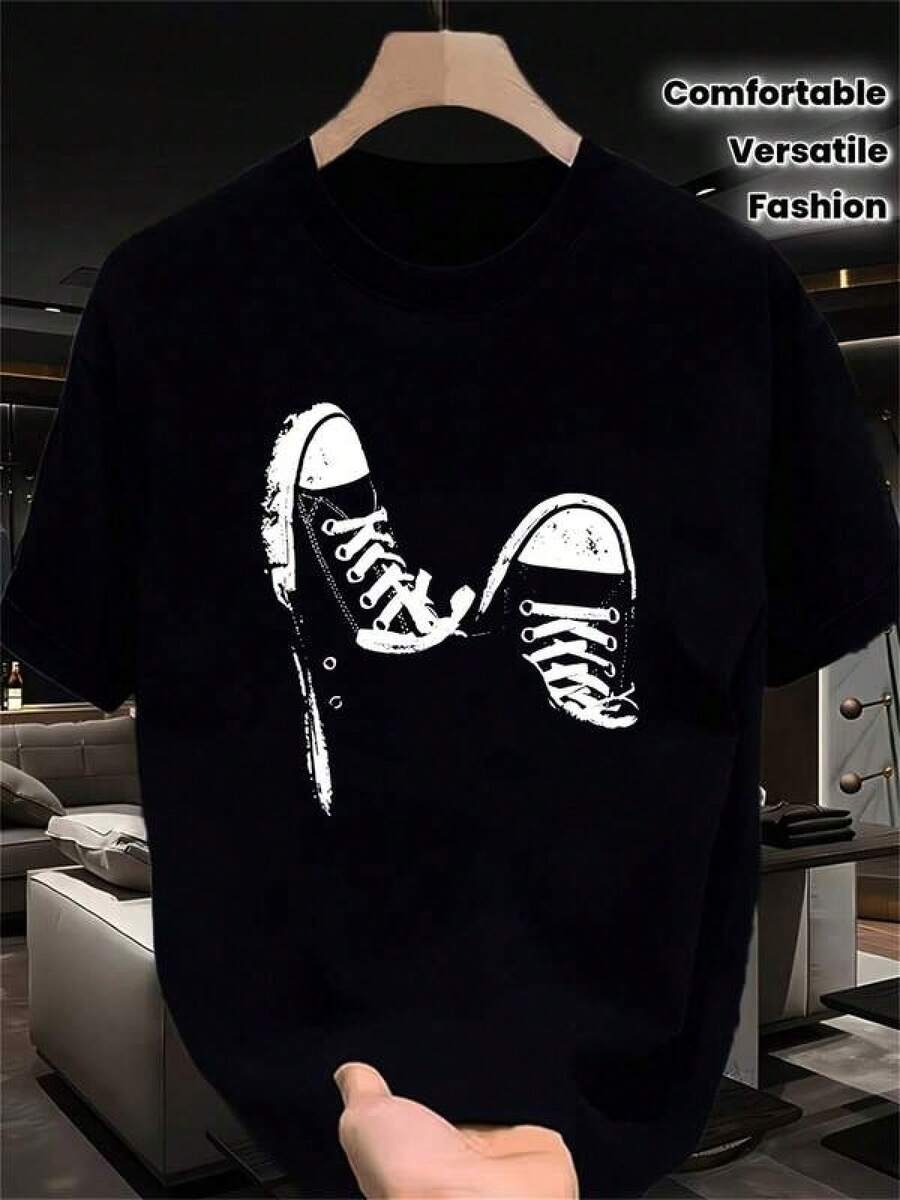New 2026 Women's T-Shirts, Couple T-Shirts. Unique Y2K Style T-Shirt With An Innovative Design Of Classic Sneakers In White On A Black Background. Perfect For Urban Fashion Lovers And Ideal For Any Occasion. Dare To Stand Out With This Unmissable Design. - 黑色 - 查看 1