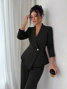 Conjunto de traje de mujer, tela de traje, cuello de solapa, manga larga, cintura ceñida con dobladillo asimétrico en línea A, decoración de botón de metal, sofisticado y elegante para la oficina, el transporte, el estilo callejero, el romanticismo francés, casual, vintage de Oriente Medio, té de la tarde, fiesta, Acción de Gracias, regreso a la escuela, primavera/otoño/invierno - Negro - Ver 6