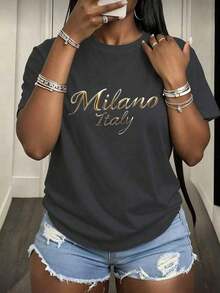 Women's Casual T-Shirt "Milano Italy" - Dark Gray With Elegant Gold Print, Women's Tops, T-Shirts - 風格 - 查看 6