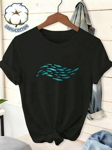 Camiseta 100% pura de manga corta y cuello redondo con estampado de pescado, versátil y hecha de tela cómoda - Negro - Ver 6