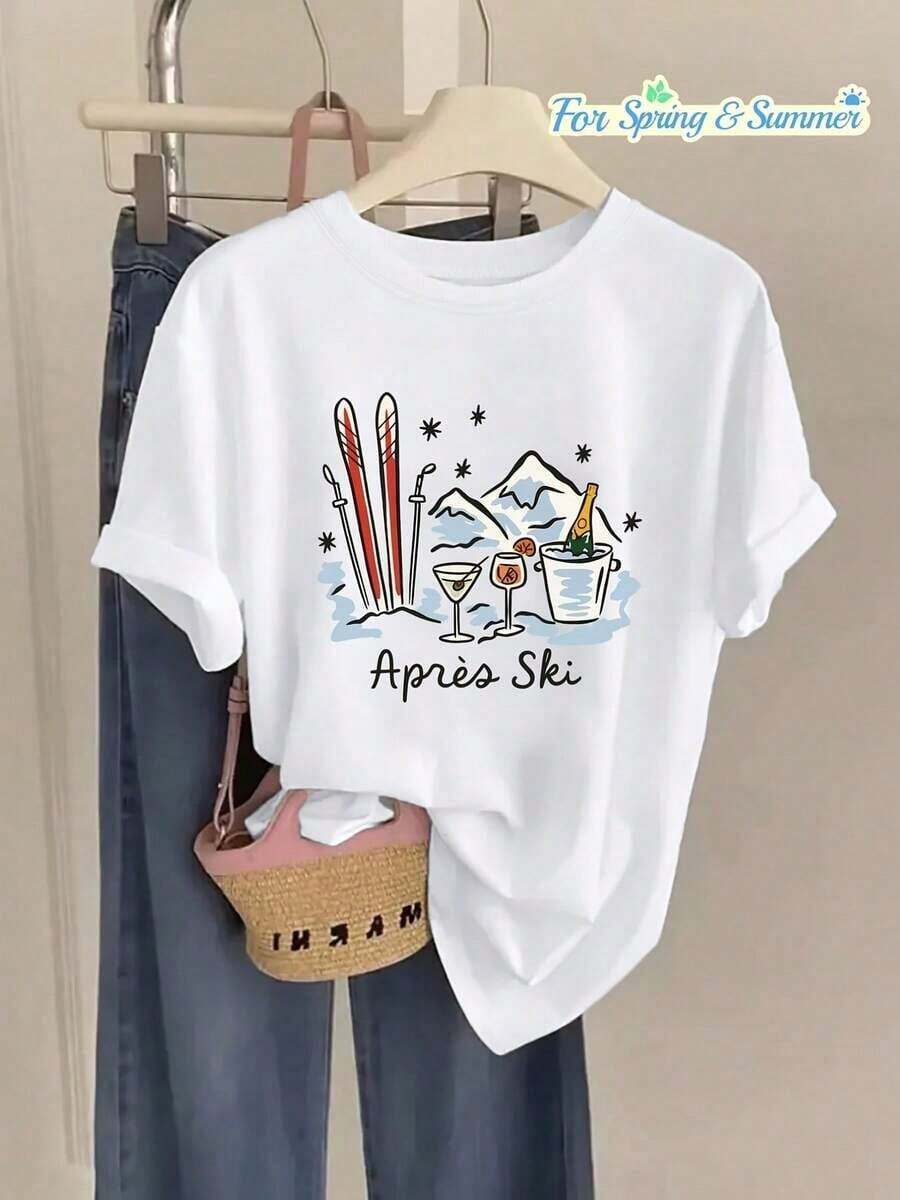 100% Cotton T-Shirt With Letter Print, Short Sleeves, Round Neck, Casual Style For Summer And Spring, Women's Clothing. - 白色 - 查看 1