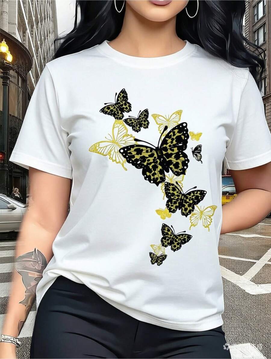 Camiseta de manga corta con estampado de moda estilo Ins, modelo básico (los pantalones son solo sugerencias de estilo), corte holgado y relajado que no requiere ser alto ni delgado, sencilla y elegante, pero nunca pasa de moda. La tela es ligera y transpirable, y resulta refrescante y cómoda de llevar en verano. El adorno de impresión personalizada de moda no es monótono. Es adecuado para el ocio diario, para uso entre amigas y para el hogar, además de ser económico y versátil. - Blanco - Ver 1