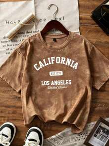 Camiseta de manga corta con estampado de letra suelta y efecto ombré rosa de estilo dulce y picante, camiseta casual de estética coreana para el verano - Marrón - Ver 3