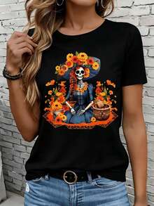 Camiseta de manga corta para mujer, informal, para el hogar y actividades al aire libre, con diseño de la Catrina del Día de Muertos, esqueleto de mujer con flores y cesta, camiseta blanca, ideal para ocio, actividades al aire libre, vacaciones, fiestas, regalo. - Negro - Ver 4